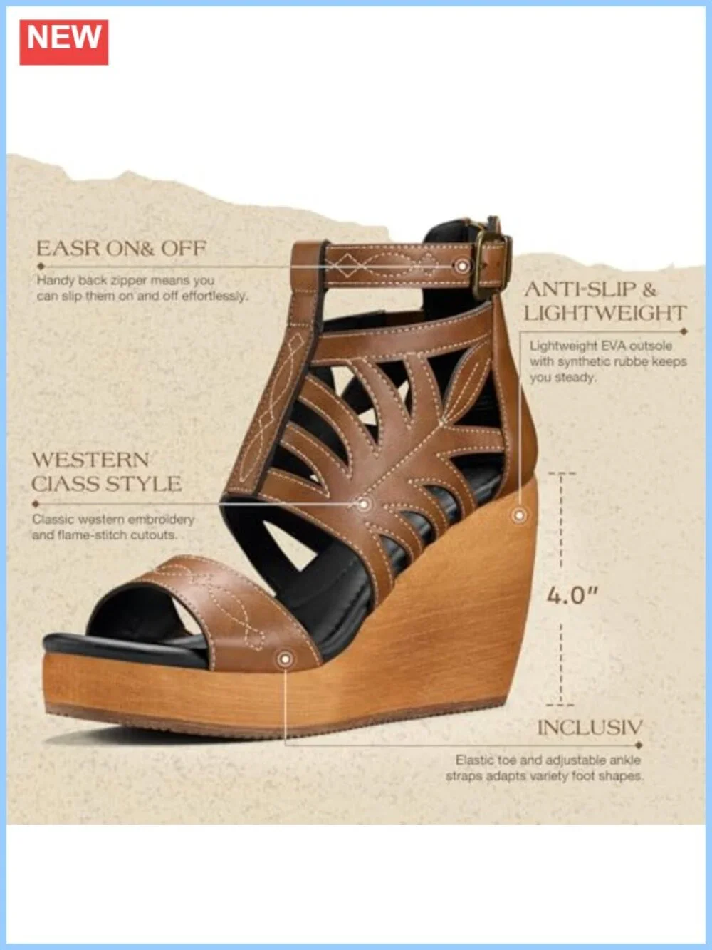 Women's Western Embroidered Wedge Sandals with Ankle Straps